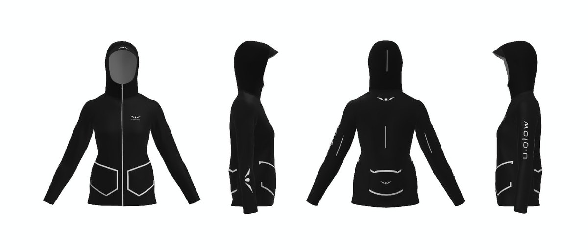Rain Jacket technical drawing, Women, four views
